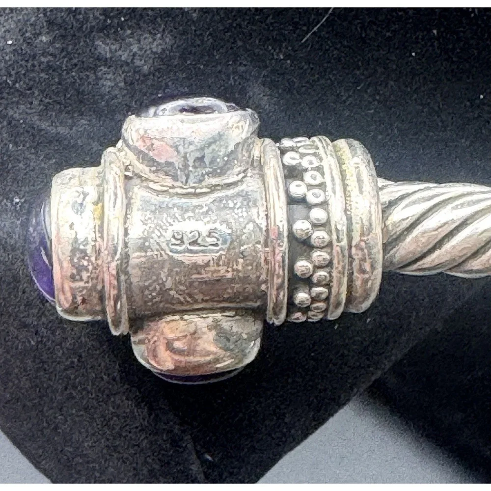 Bali Artisan-Style Sterling Silver Amethyst Twisted Cable Cuff Bracelet 61.15g